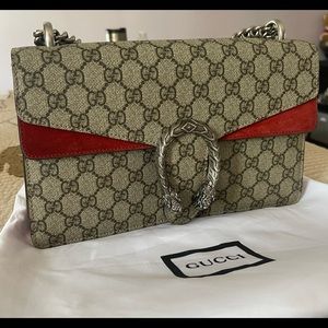 GUCCI Red GG Supreme Monogram Canvas Suede Dionysus Shoulder Bag